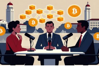 Tres personas en mesa con micrófonos mientras símbolos de Bitcoin y cubos conectados flotan sobre edificios clásicos, evocando un panel profesional sobre tecnología y finanzas digitales.