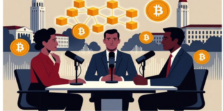 Tres personas en mesa con micrófonos mientras símbolos de Bitcoin y cubos conectados flotan sobre edificios clásicos, evocando un panel profesional sobre tecnología y finanzas digitales.