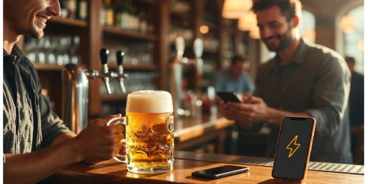 Persona sosteniendo jarra de cerveza en barra con dos móviles cercanos, uno mostrando rayo amarillo, mientras luces cálidas iluminan botellas al fondo y otra persona usa su teléfono.