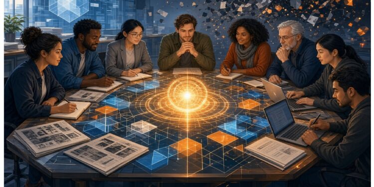 Grupo de personas reunidas alrededor de una mesa con interfaz digital luminosa de patrones y cubos, laptops y documentos, evocando colaboración profesional y análisis tecnológico avanzado.