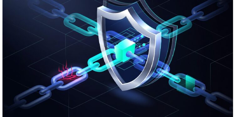 Cadena metálica con eslabón dañado junto a escudo digital con cubo central, rodeado de luces azul‑verde sobre fondo tecnológico, simbolizando seguridad blockchain y defensa ante ciberataques.