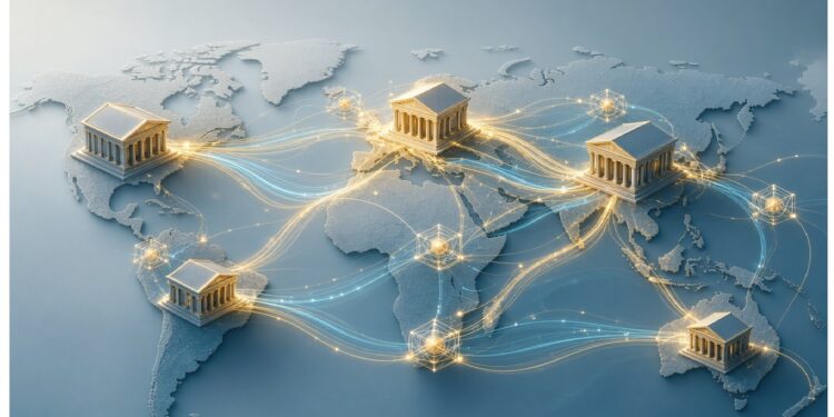 Mapa mundial con edificios institucionales conectados por líneas y nodos luminosos, evocando redes financieras y comunicación digital entre regiones.