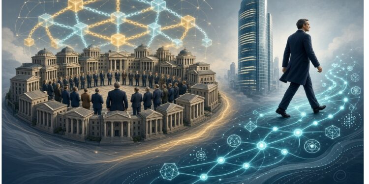 Conjunto de edificios neoclásicos con personas en círculo bajo una red de nodos luminosos, mientras un individuo avanza por un camino digital hacia un rascacielos moderno, evocando transición institucional hacia sistemas tecnológicos.