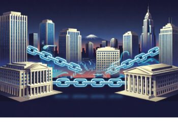 Ciudad futurista con rascacielos y dos edificios institucionales unidos por una cadena digital luminosa, simbolizando conectividad segura y adopción de tecnología blockchain entre instituciones.