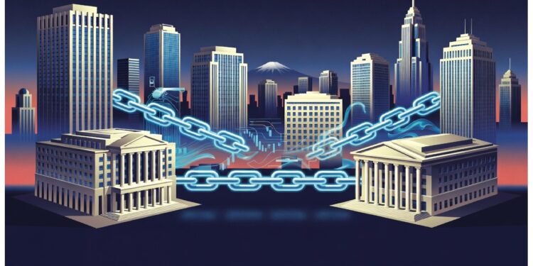 Ciudad futurista con rascacielos y dos edificios institucionales unidos por una cadena digital luminosa, simbolizando conectividad segura y adopción de tecnología blockchain entre instituciones.