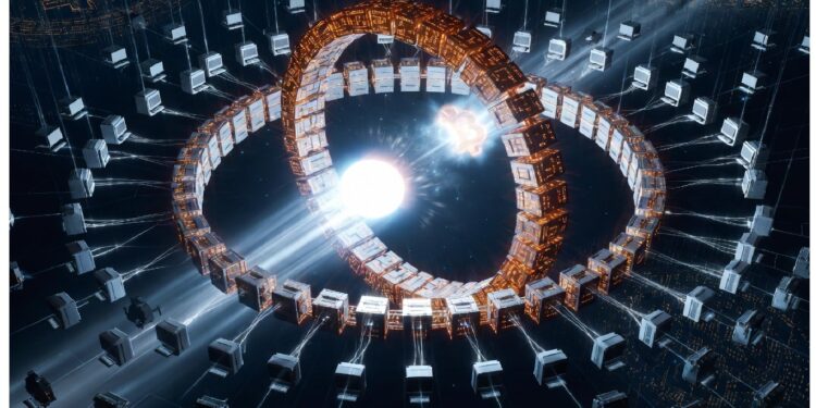 Anillos metálicos entrelazados con brillo naranja alrededor de una esfera luminosa, suspendidos entre cubos conectados por haces de luz, evocando un sistema tecnológico futurista.