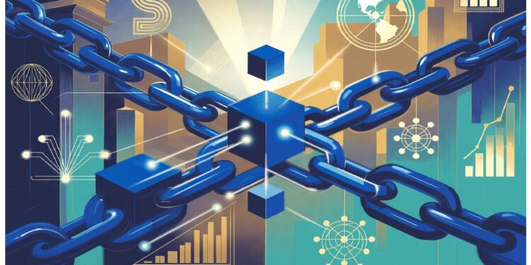 Cadenas metálicas enlazan cubos digitales azules alrededor de un cubo central luminoso, con gráficos y edificios abstractos al fondo, evocando redes blockchain y conectividad global de datos.
