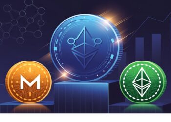Tres monedas digitales de Ethereum y Monero sobre fondo con nodos y gráficas, representando análisis de criptomonedas en una interfaz de diseño.