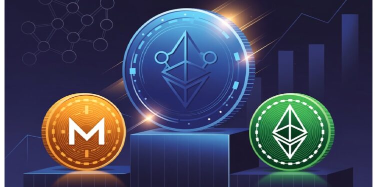 Tres monedas digitales de Ethereum y Monero sobre fondo con nodos y gráficas, representando análisis de criptomonedas en una interfaz de diseño.