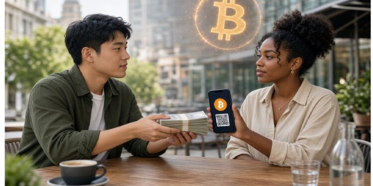 Persona entrega un fajo de billetes a otra que muestra en su móvil un código QR de bitcoin, sentadas frente a frente en una mesa de cafetería urbana moderna.