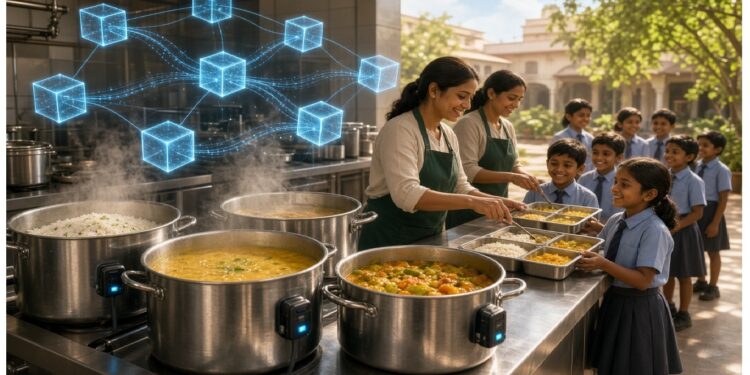 Personas sirven comida a escolares en cocina abierta con ollas de acero, mientras hologramas azules de cubos conectados flotan sobre la zona, evocando red digital en entorno educativo.