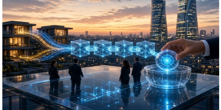 Profesionales sobre plataforma de vidrio frente a ciudad al atardecer, observando cubos luminosos conectados mientras una mano coloca esfera brillante en cuenco transparente, evocando redes y tecnología avanzada.
