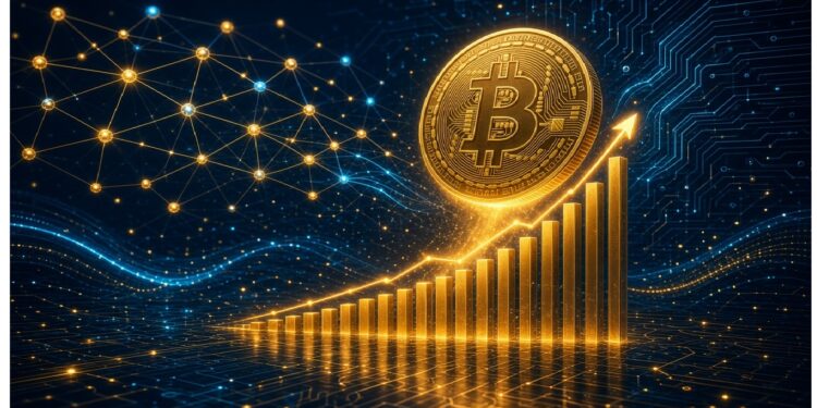 Símbolo dorado de Bitcoin brillando sobre gráfico de barras ascendentes, con fondo de circuitos y nodos digitales que evocan crecimiento y tecnología blockchain.