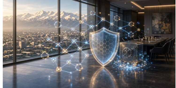 Mesa de sala de juntas con hologramas de escudo, cubo transparente y nodos hexagonales sobre fondo de oficina acristalada con ciudad y montañas, evocando seguridad y tecnología digital.