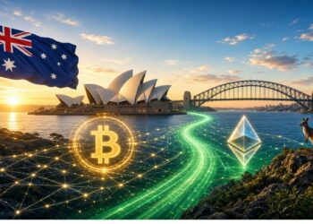 Bahía de Sídney al atardecer con la Ópera y el puente, bandera australiana y canguro en primer plano, junto a sendero digital verde que conecta símbolos de Bitcoin y Ethereum.