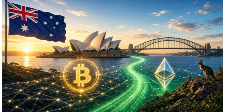 Bahía de Sídney al atardecer con la Ópera y el puente, bandera australiana y canguro en primer plano, junto a sendero digital verde que conecta símbolos de Bitcoin y Ethereum.