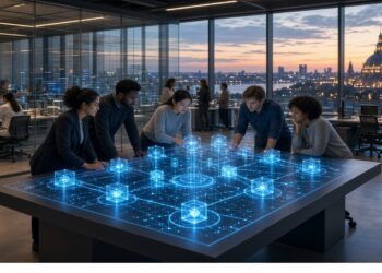 Cinco personas alrededor de mesa digital en oficina moderna; la superficie muestra holograma azul de cubos conectados, con ciudad al atardecer visible tras ventanales y equipo trabajando al fondo.