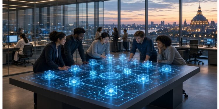 Cinco personas alrededor de mesa digital en oficina moderna; la superficie muestra holograma azul de cubos conectados, con ciudad al atardecer visible tras ventanales y equipo trabajando al fondo.