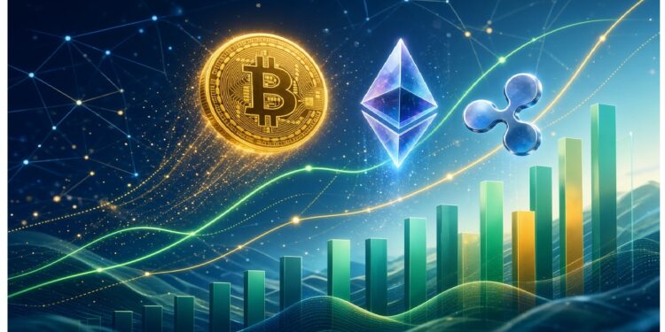 Símbolos de Bitcoin, Ethereum y Ripple flotan sobre barras ascendentes en verde y amarillo, con líneas y partículas digitales en el fondo, evocando crecimiento del mercado cripto y tecnología financiera.