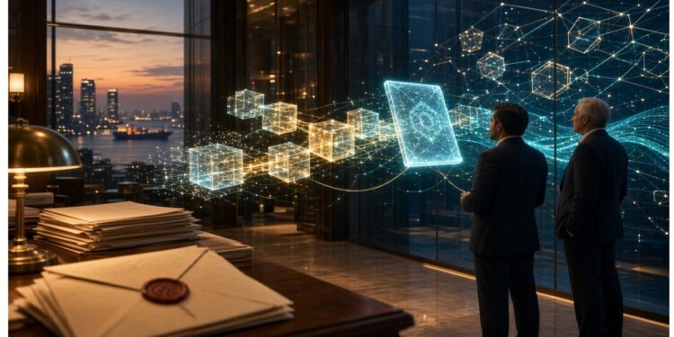 Dos personas en oficina moderna frente a ventanales al atardecer, observando holograma de cubos conectados sobre mesa con sobres sellados, combinando documentos formales y tecnología digital.