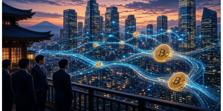Personas en balcón tradicional observan ciudad al atardecer con rascacielos y líneas digitales con íconos de Bitcoin flotando, evocando integración entre finanzas cripto y entorno urbano.