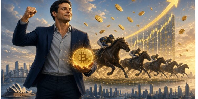 Persona elegante sostiene símbolo luminoso de Bitcoin mientras caballos galopan entre monedas doradas y una flecha ascendente frente a ciudad moderna, evocando impulso y crecimiento financiero cripto.