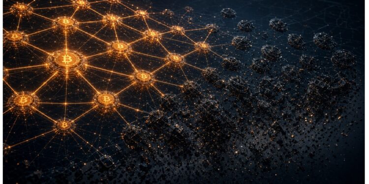 Red de nodos dorados con símbolo de Bitcoin conectados por líneas brillantes que se dispersan hacia un área oscura de cubos fragmentados, evocando ledger distribuido y descentralización.