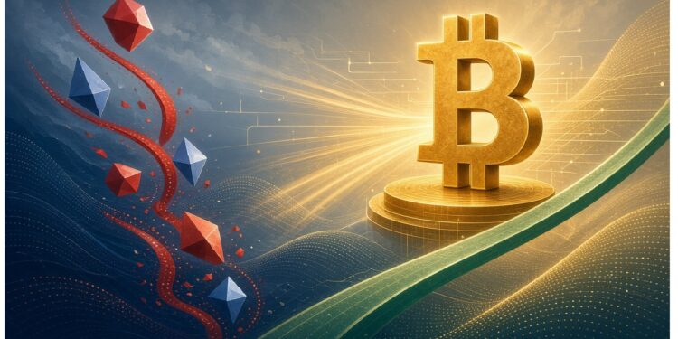 Cadenas de cubos digitales con formas geométricas ascendentes en rojo y azul junto a un gran símbolo dorado de Bitcoin iluminado, evocando contraste entre criptomonedas y energía digital.