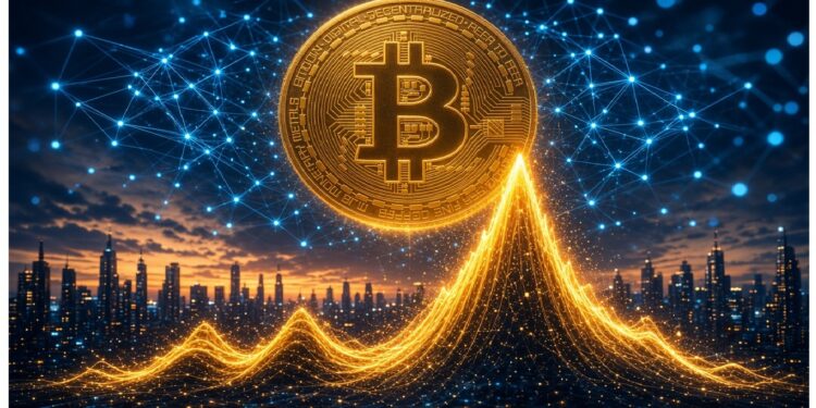 Símbolo dorado de Bitcoin sobre red luminosa de nodos conectados, con curva ascendente de luz y ciudad al fondo en cielo crepuscular evocando crecimiento y dinamismo digital.