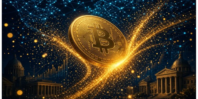 Moneda de bitcoin suspendida entre trazos luminosos dorados y una red digital azul, con edificios institucionales al fondo que evocan finanzas, tecnología y regulación.