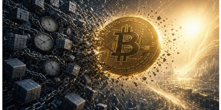 Símbolo Bitcoin dorado en centro emergiendo entre cubos metálicos encadenados con relojes, rodeado de destellos y líneas digitales que sugieren red y procesamiento de datos.