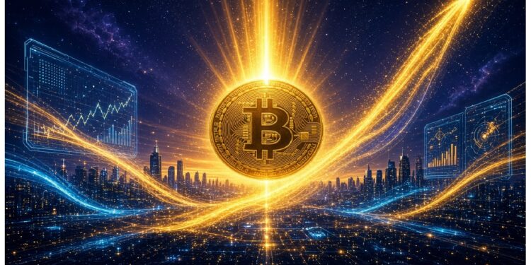 Símbolo dorado de Bitcoin irradiando luz sobre ciudad futurista, acompañado de gráficos ascendentes en tonos azul y oro que evocan crecimiento y dinamismo financiero.