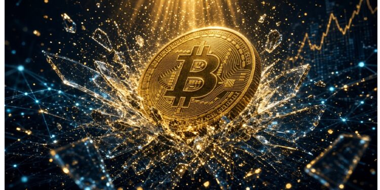 Moneda Bitcoin dorada emergiendo entre fragmentos cristalinos iluminados, con destellos cálidos y líneas de fondo que evocan gráficos financieros y actividad del mercado cripto.