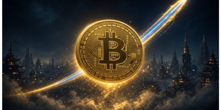Símbolo dorado de Bitcoin rodeado de patrones de circuito brillantes, flotando sobre ciudad con torres ornamentadas entre nubes, mientras un rastro de luz cruza la escena con efecto dinámico.