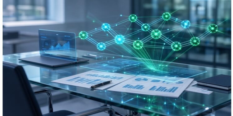 Libro abierto sobre mesa de vidrio en oficina con ventanales al atardecer, del que surge holograma azul de nodos y cubos conectados que evocan redes de datos y tecnología avanzada.
