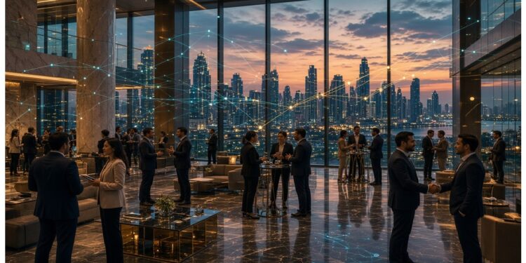 Espacio corporativo con ventanales al atardecer, grupos de personas en traje conversando sobre suelos de mármol mientras líneas digitales cruzan la escena evocando conectividad y tecnología empresarial.