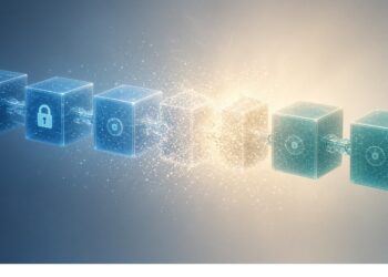 Cadenas de cubos digitales con íconos de candado conectados entre sí, mientras bloques centrales brillan y se dispersan en partículas, evocando seguridad, enlace y flujo dinámico de datos.