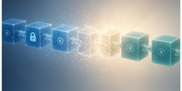 Cadenas de cubos digitales con íconos de candado conectados entre sí, mientras bloques centrales brillan y se dispersan en partículas, evocando seguridad, enlace y flujo dinámico de datos.