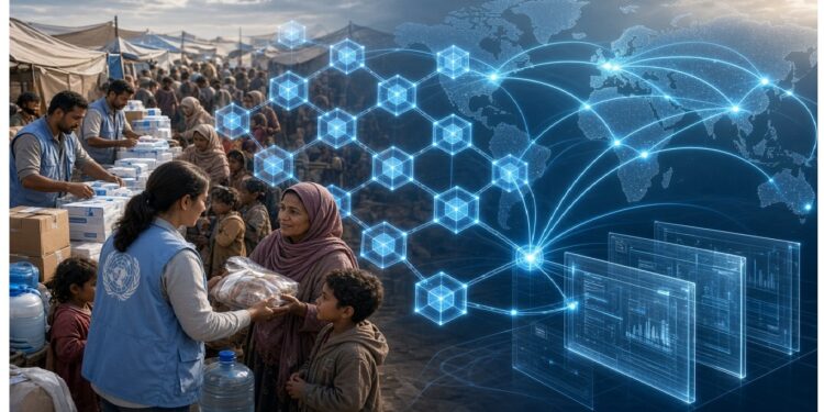 Escena de ayuda humanitaria con voluntarios entregando suministros a personas en fila, junto a superposición digital con mapa mundial, nodos hexagonales y paneles de datos que evocan coordinación global.