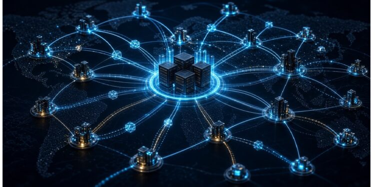Ilustración de una red blockchain privada con un núcleo central que se expande hacia múltiples nodos de validación independientes y distribuidos, simbolizando el proceso de descentralización del sistema de pagos de Ripple.