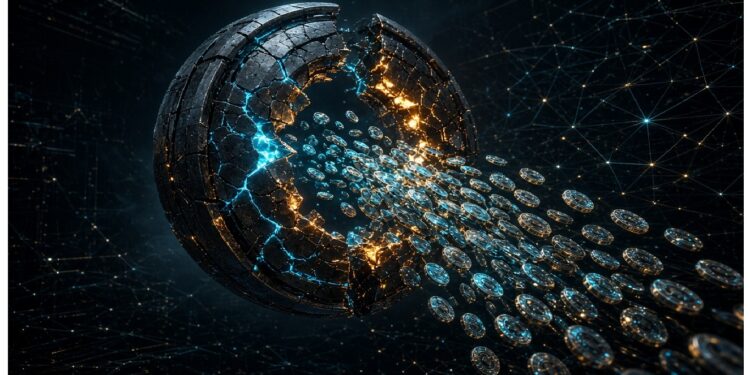 Esfera digital fracturada libera un flujo de monedas luminosas hacia una red tecnológica interconectada, simbolizando transferencias masivas de activos en ecosistemas blockchain.