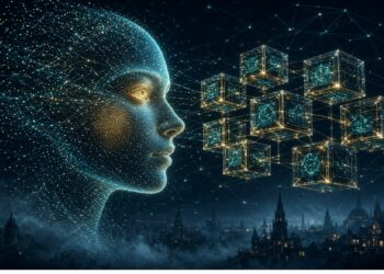 Rostro luminoso formado por partículas y líneas frente a cubos brillantes con circuitos, sobre ciudad oscura con torres y cielo lleno de nodos que evocan inteligencia artificial y redes digitales.