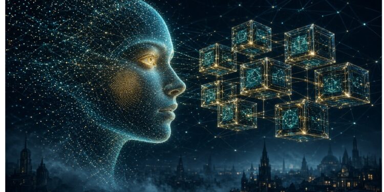 Rostro luminoso formado por partículas y líneas frente a cubos brillantes con circuitos, sobre ciudad oscura con torres y cielo lleno de nodos que evocan inteligencia artificial y redes digitales.