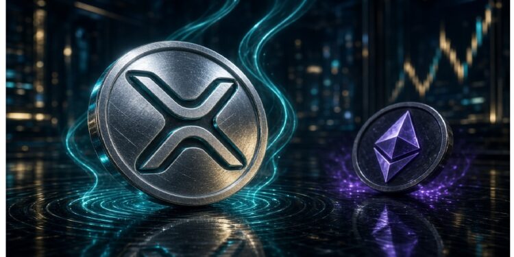 Monedas metálicas de XRP y Ethereum con efectos luminosos azul y púrpura sobre fondo digital futurista, evocando energía y redes de criptomonedas.
