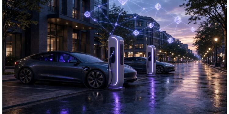 Dos autos eléctricos cargando en estaciones con brillo púrpura, bajo gráficos holográficos de nodos y formas geométricas sobre calle mojada en ciudad moderna al anochecer.