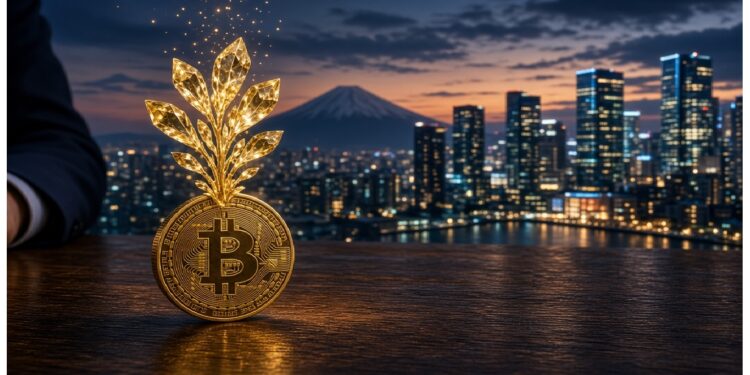 Moneda dorada de Bitcoin sobre superficie de madera con brote luminoso emergiendo, frente a ciudad al anochecer y montaña distante que evocan crecimiento y tecnología financiera.