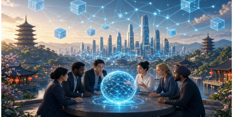 Seis personas alrededor de mesa circular con esfera holográfica azul de nodos, frente a ciudad futurista con rascacielos, pagodas y cubos digitales flotantes que evocan conectividad y colaboración tecnológica.