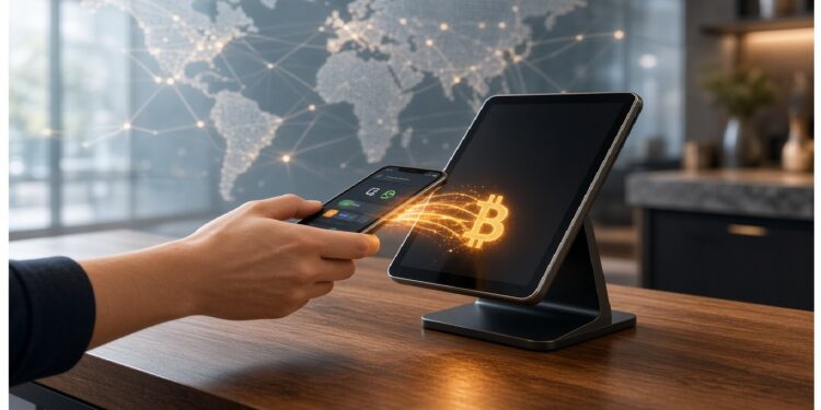 Persona usando smartphone junto a tablet sobre mesa de madera, con símbolo brillante de Bitcoin entre ambos y fondo de oficina con mapa mundial y líneas de conectividad digital.