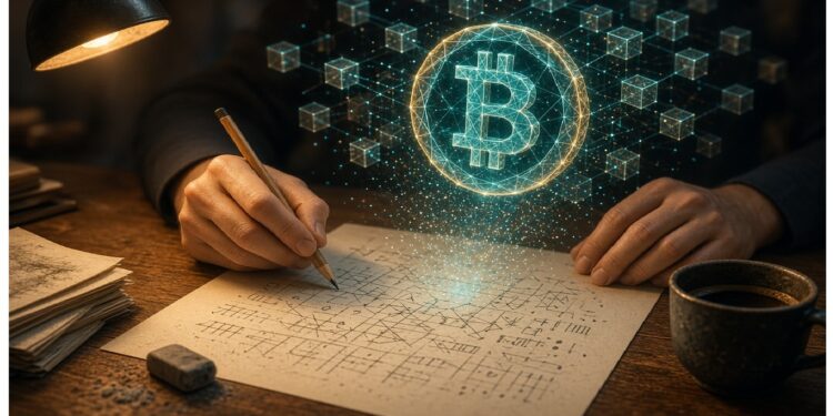 Persona escribiendo en escritorio de madera iluminado por lámpara, con hoja llena de ecuaciones y holograma brillante de símbolo Bitcoin rodeado de bloques conectados que evocan criptografía y blockchain.