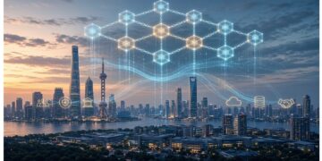 Ciudad moderna al atardecer con rascacielos y río, sobre la que se superpone una red de cubos luminosos e íconos tecnológicos como nube, escudo, base de datos y engranajes, evocando infraestructura digital y conectividad urbana.